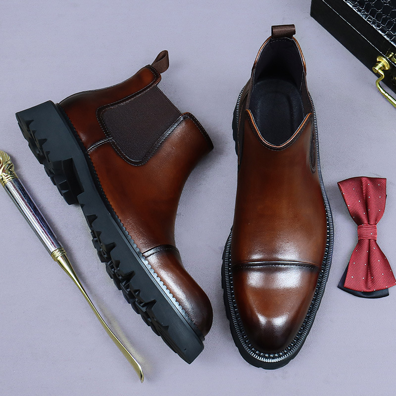 Giày boot nam cổ thấp da bò thật đế dày kiểu công sở — Màu đen, Màu cà phê