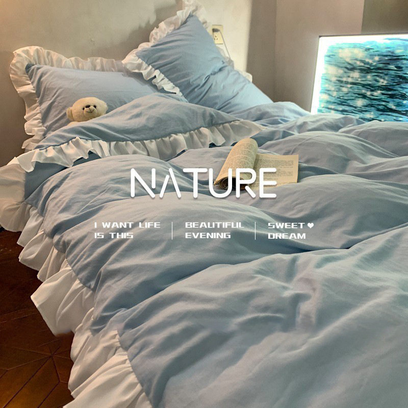 Solid Color Duvet Cover Blue Bed Sheet Three-Piece Set Lace Ins Soft Washed Cotton Four-Piece Set Ruffle Bedding Princess Style