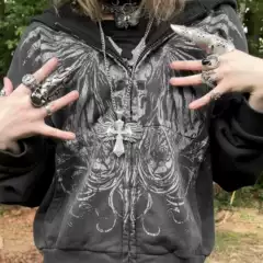 European and American Cross-border Foreign Trade Autumn and Winter Dark Gothic Hoodie Skull Printed Zipper Sweater Jacket