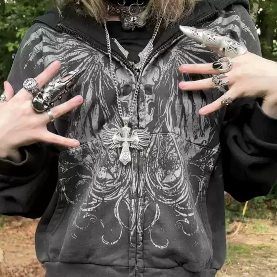 European and American Cross-border Foreign Trade Autumn and Winter Dark Gothic Hoodie Skull Printed Zipper Sweater Jacket