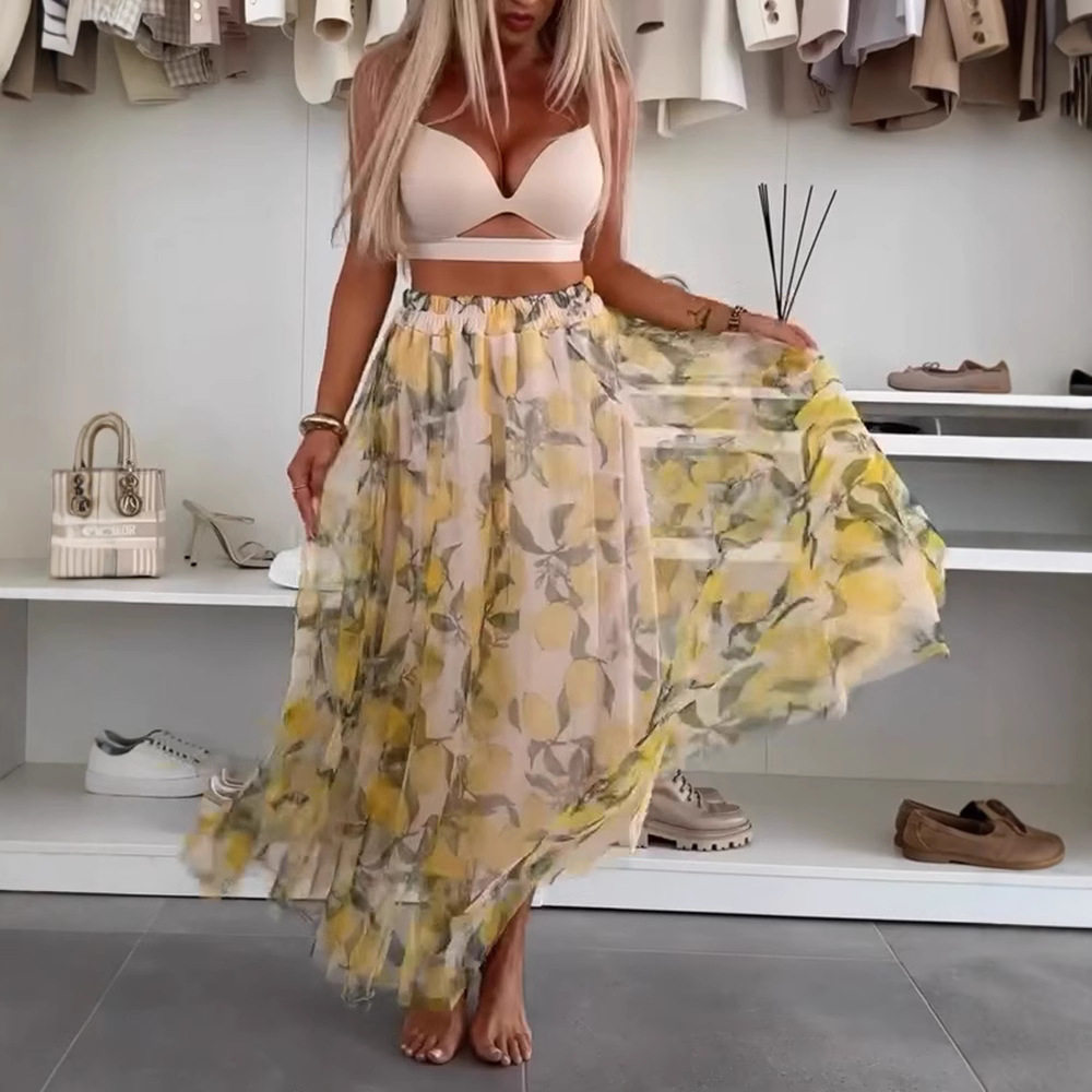 Fashionable High Waisted A Line Mesh Lemon Print Midi Skirt Casual Style for Summer Wholesale Available