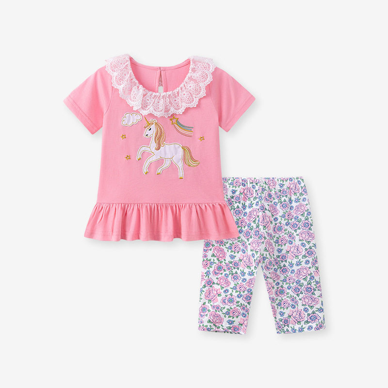 [Style] Summer Girls' Set, Cute Cartoon Floral Kids' Outfit, T-shirt & Shorts 2-piece Set