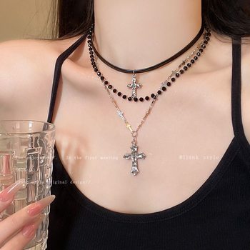 Retro Multi-Layered Cross Beaded Necklace for Women Dark Punk Style Stacked Clavicle Chain Millennium Sexy Y2K Accessories