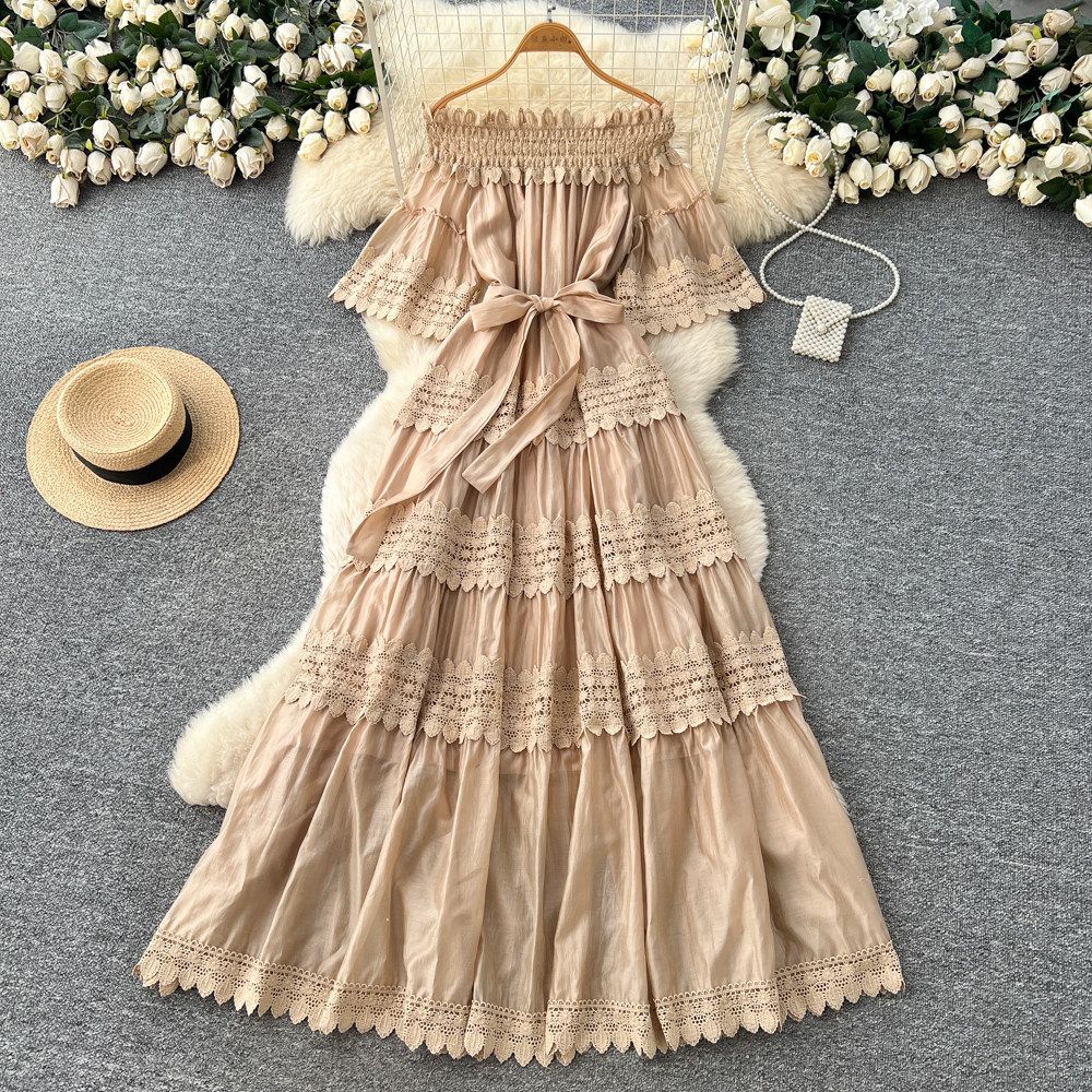 Off Shoulder Ruffle Dress Elegant French Style Short Sleeve Slim Fit Summer Fashion Wholesale Available