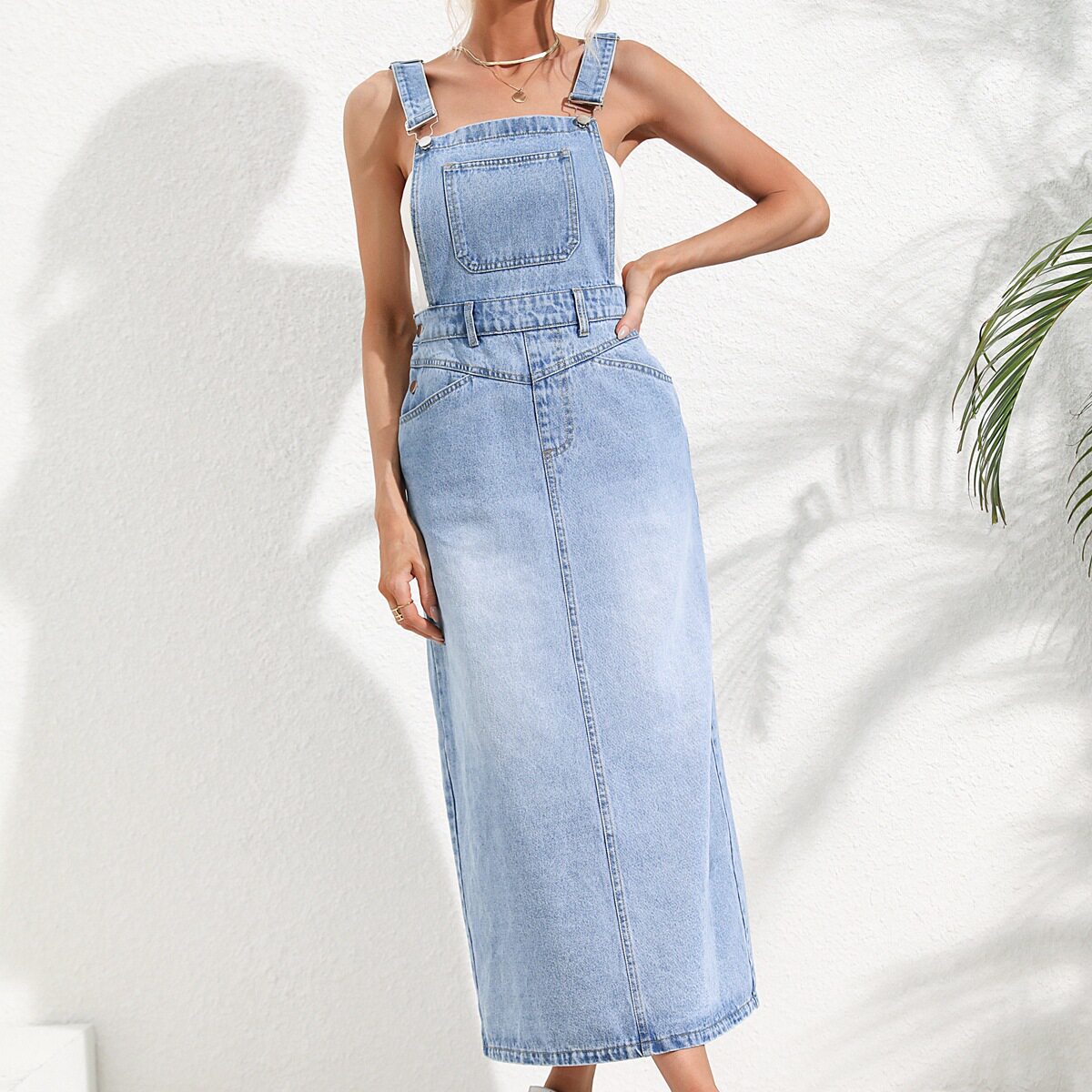 Denim Midi Dress Waist Defining Sleeveless Trendy Design Casual Wear for Summer Wholesale Available