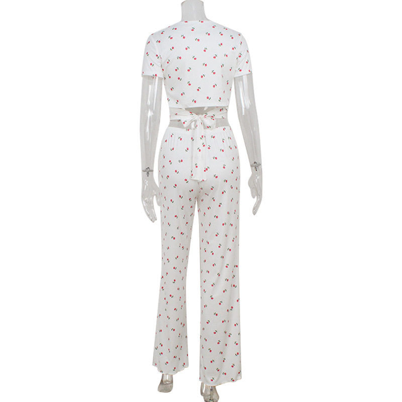 Womens Summer Floral Print Knit Short Sleeve Loungewear Set Slim Fit Stylish Comfortable Perfect for Home Relaxation