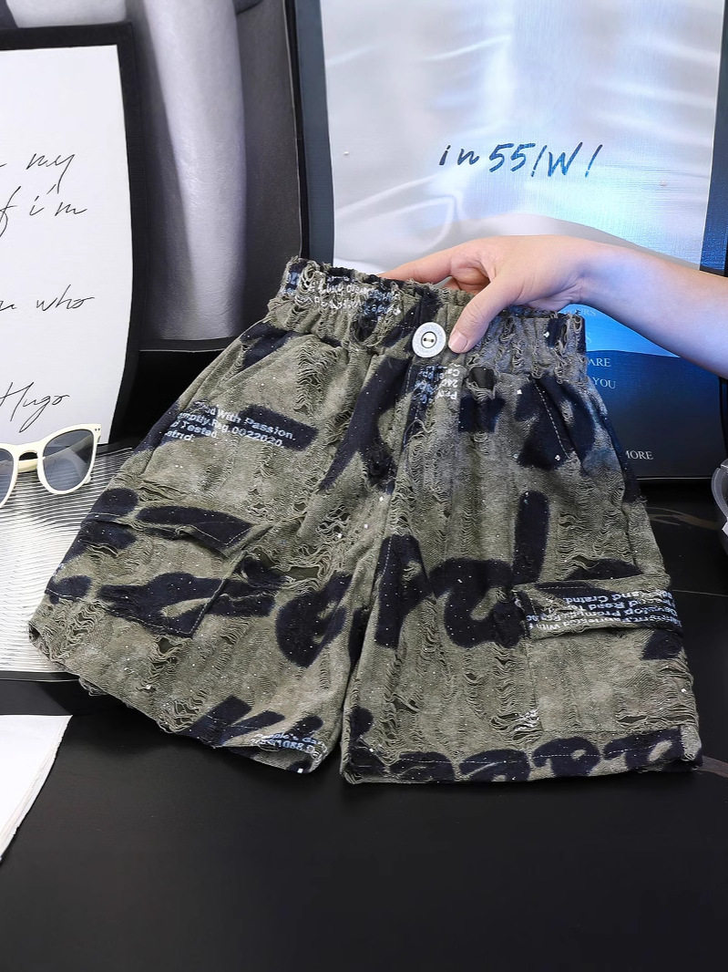 Boys' Summer Shorts, Korean Style Girls' Distressed Five-Inch Shorts, Thin Trendy Hip-Hop Kids' Shorts