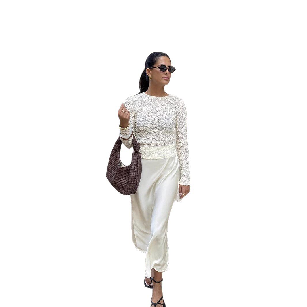 Lace Hollow Out Top Pearl Button Split Design Fitted Bell Sleeve Elegant Casual Wear for Women Wholesale Available