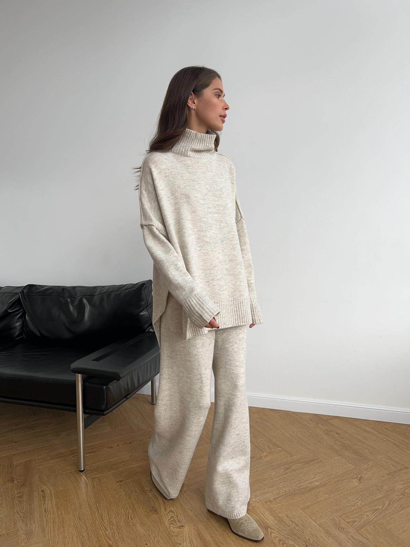 Womens Oversized Turtleneck Split Wool Sweater Set Cozy Knit Fabric Casual Style Perfect for Fall Winter Wholesale