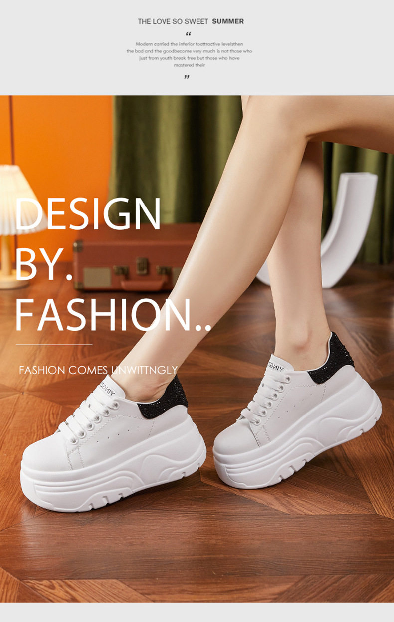Giày sneaker nữ chunky đế dày màu trắng phong cách thể thao — Trắng, đen, Bạc chi tiết 9
