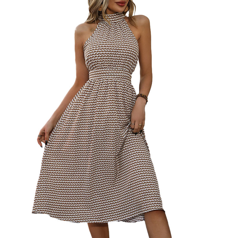 Vintage Geometric Print Halter Neck Dress Half High Collar Elegant Silhouette Comfortable Fabric Perfect for Parties