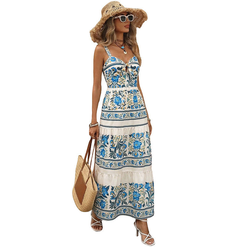 Floral Print Tiered Maxi Dress Sleeveless Bohemian Style Vacation Ready Wholesale Available customizable