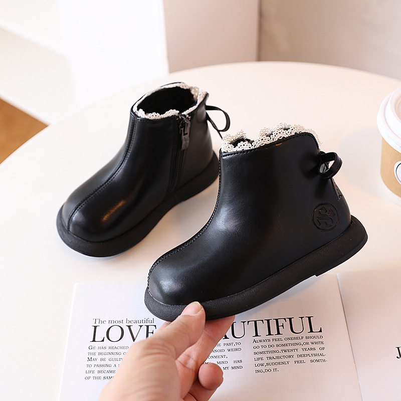 2024 girls' leather boots 2024 autumn and winter new fleece-lined warm cotton boots children's baby short boots children's single boots