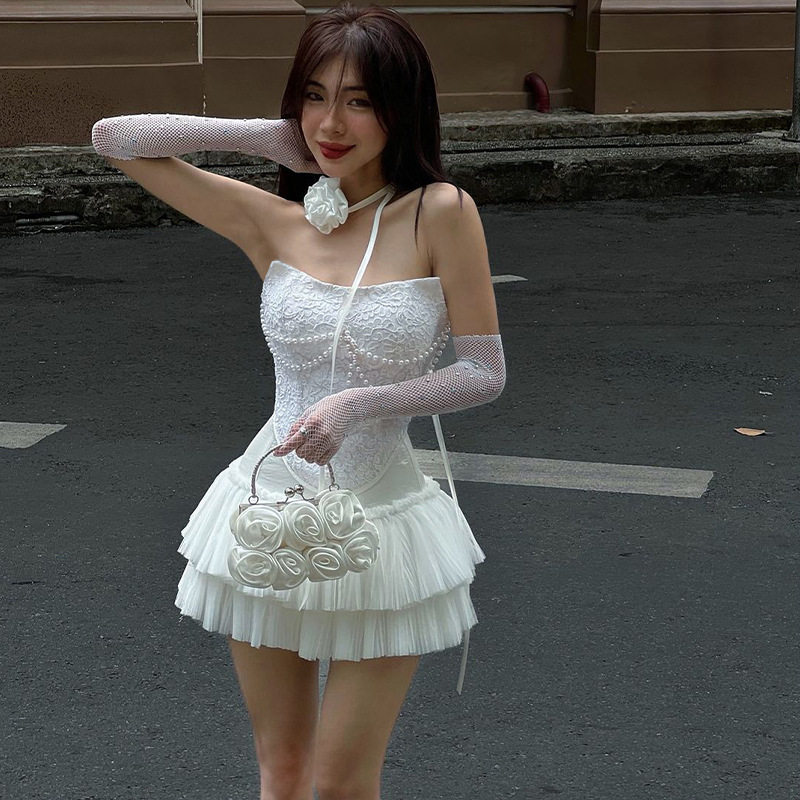Summer Womens Pearl Chain Bustier Top and Fringe Mini Skirt Set European Style Chic Design Trendy Outfit Wholesale