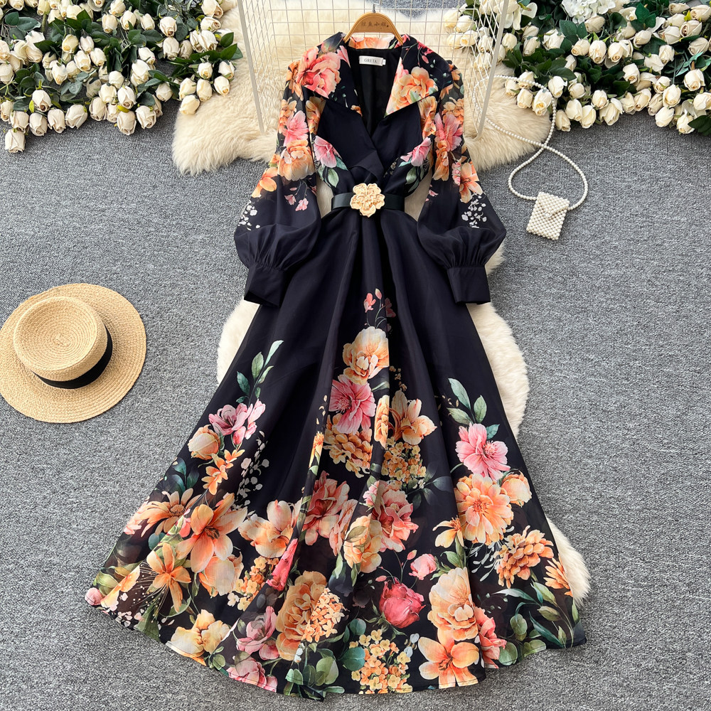 Vintage Elegant Floral Print Belted Dress Long Sleeve A Line Silhouette Waist Tie Office Wear Casual Outing