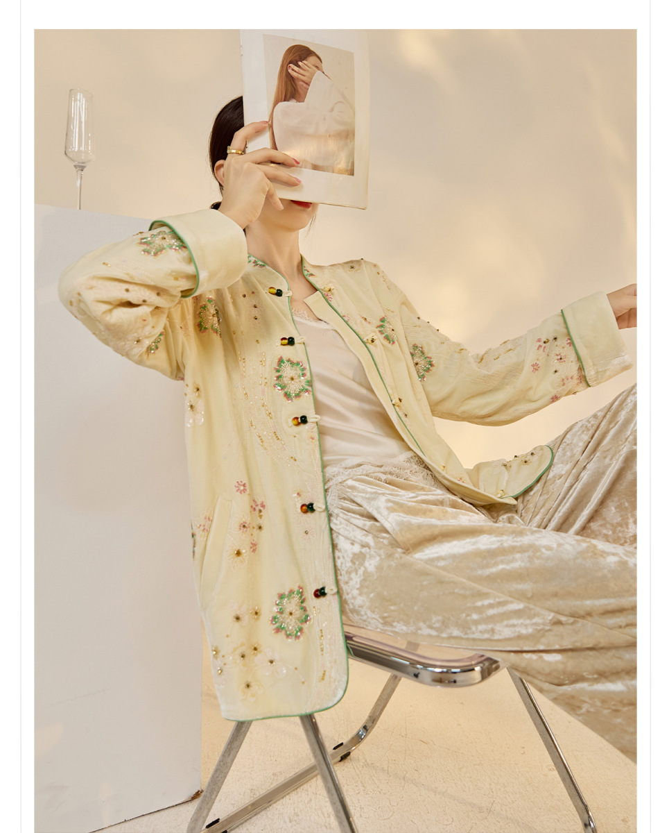 Áo khoác dạ nữ thêu cườm cổ đứng dáng suông — mơ, Mơ [phiên bản cotton]