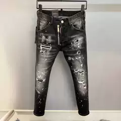 High-end European goods black hole patch paint Denim pants men's ruffian handsome Korean version slim-fit stretch leggings trendy brand