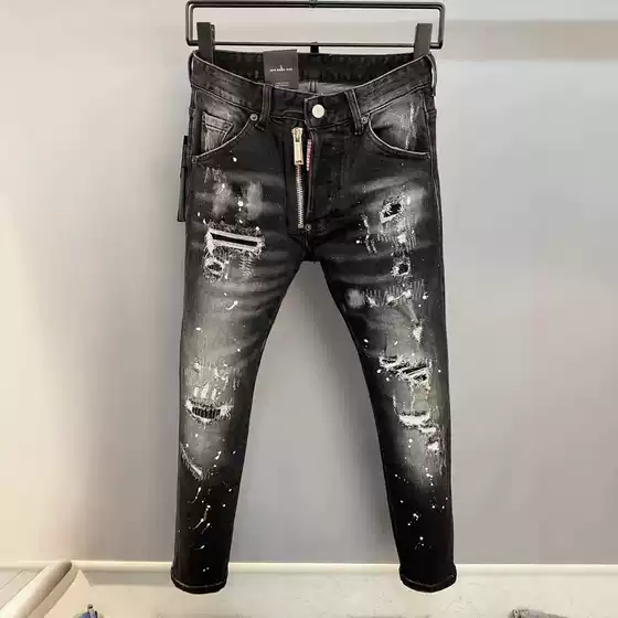 High-end European goods black hole patch paint Denim pants men's ruffian handsome Korean version slim-fit stretch leggings trendy brand