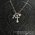 Silver sugar cube-light pink diamond double cross necklace