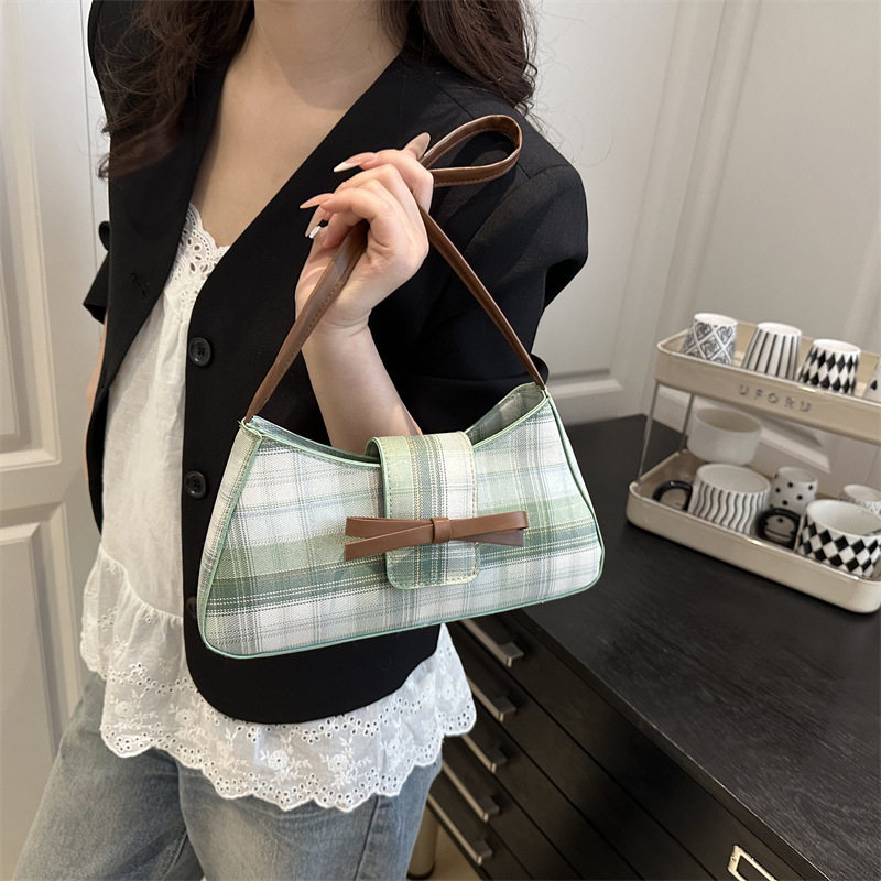 Plaid bag women's trendy fashionable casual all-match shoulder bag bow commuting armpit bag