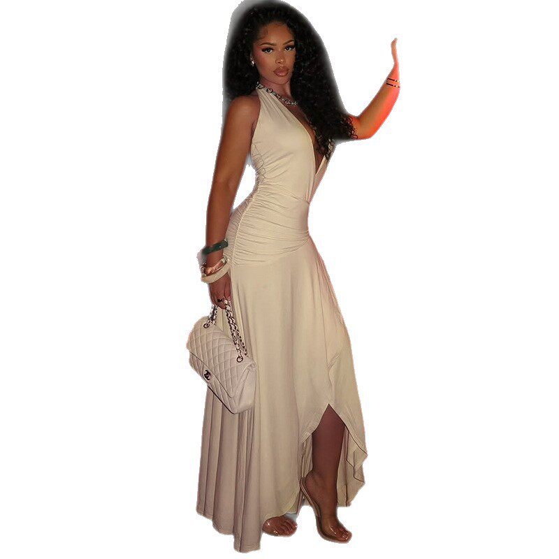 Bodycon Dress Solid Color V Neck Ruched Waist Long Length Elegant Evening Wear Wholesale Available