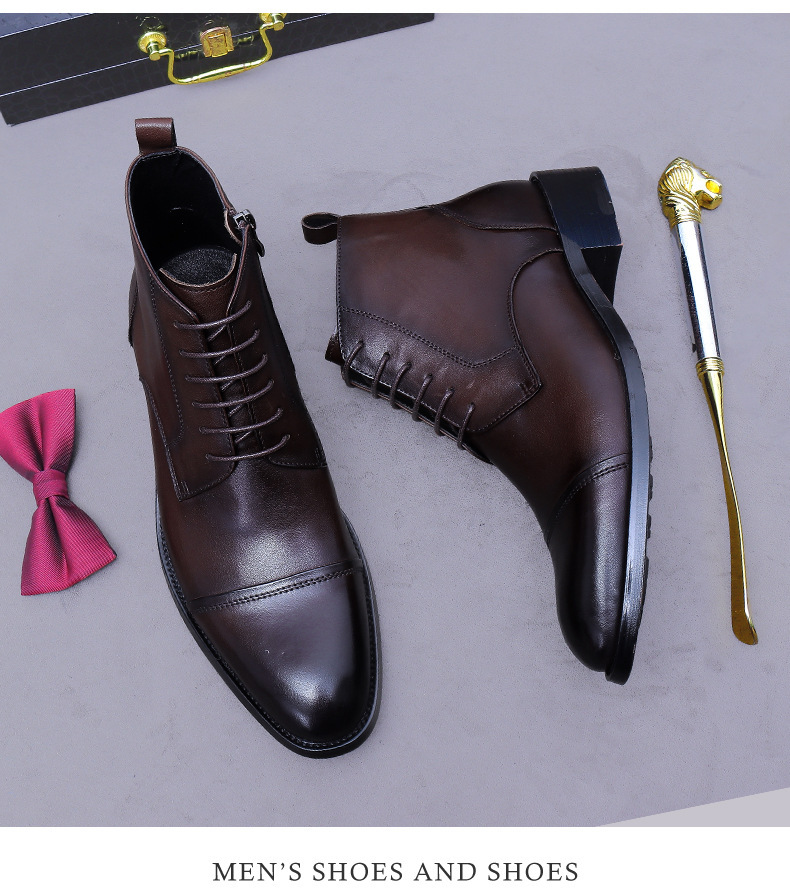 Giày boot nam cổ thấp da bò thật dây kéo phong cách công sở — đen, nâu
