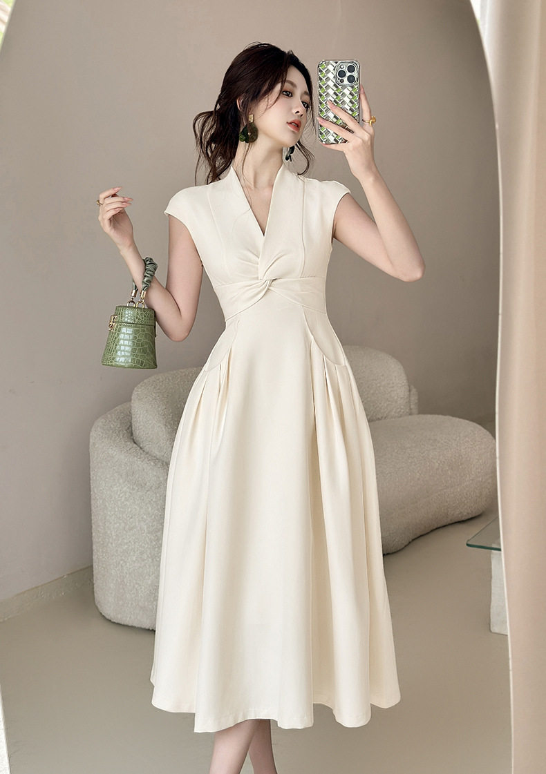 Đầm maxi nữ cổ V tay không dáng suông phong cách Pháp — [Màu hạnh] chi tiết 8