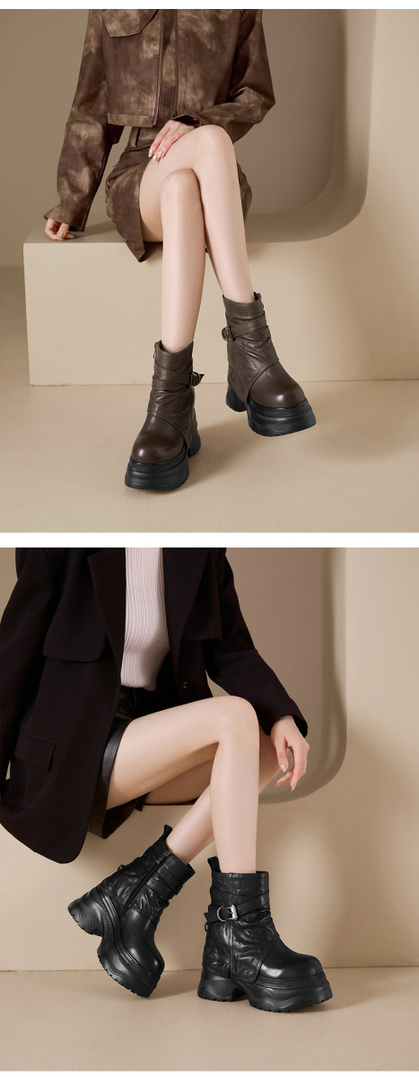 Boot nữ cổ thấp tăng chiều cao 12cm đế dày khóa kéo bên hông — Kaki lót đơn, Lớp lót đơn màu đen, Lớp lót đơn màu nâu, Lót nhung đen