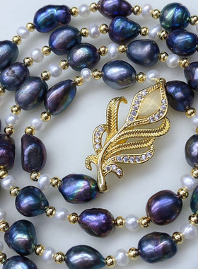 异形巴洛克淡水珍珠毛衣链黑蓝色中长款时尚百搭饰品复古小众设计