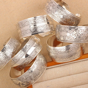 Cross-Border Ancient Imitation Xizang Silver Miao Silver Wide Bracelet Women's Ethnic Style Retro Personalized Open Yunnan Carved Bracelet Wholesale