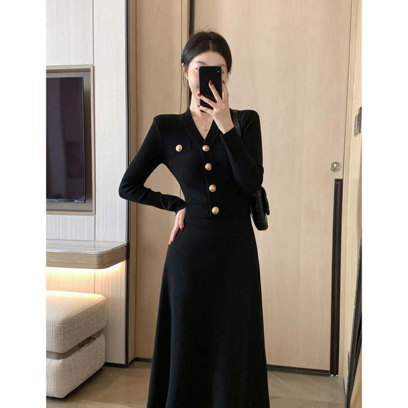 7714 Tweed Style Fashionable and Simple Knitted Suit Autumn New French Waist Slimming Look Elegant Long Skirt Two-Piece Set