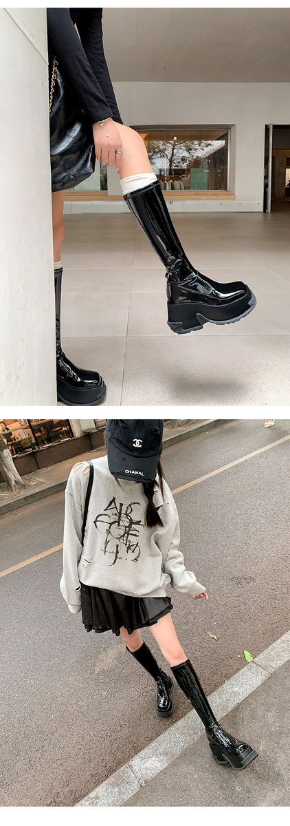 Boot nữ cổ cao ôm bắp chân gót vuông 9cm tăng chiều cao, đế dày chống trượt — Da sáng chế màu đen lót nhung ống nhỏ, Lót nhung ống nhỏ màu be, Màu đen bằng sáng chế da ống nhỏ bên trong, Màu đen da bò ống nhỏ lót một lớp