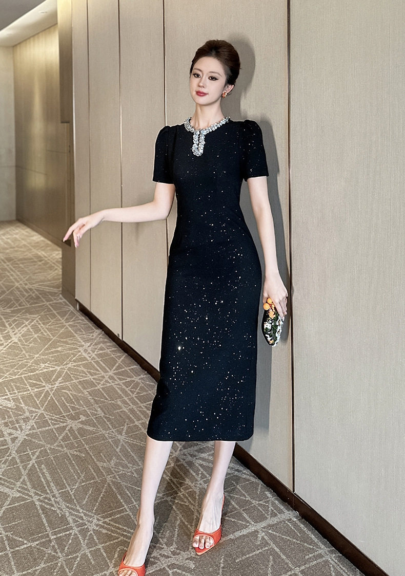 Đầm ôm body nữ cổ tròn tay ngắn, phong cách tiểu thư sang trọng, đính sequin lấp lánh, dáng dài ôm eo — [Đen] chi tiết 7