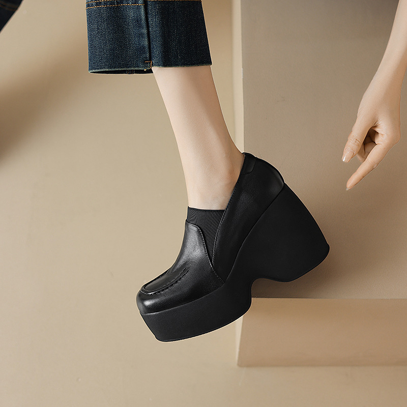 Giày cao gót nữ đế xuồng platform da bò mũi tròn gót 9cm — Màu đen