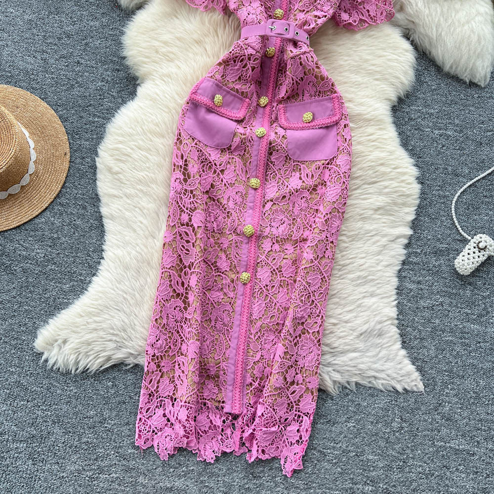 Lace A Line Dress Elegant Hollow Design Square Neck Metal Buckle Slim Fit Summer Cocktail or Evening Wear