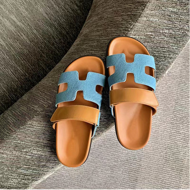 24 Summer New Slippers Women's Foreign Trade plus size All-match Thick Bottom One-word Velcro Solid Color European and American Casual Sandals Women