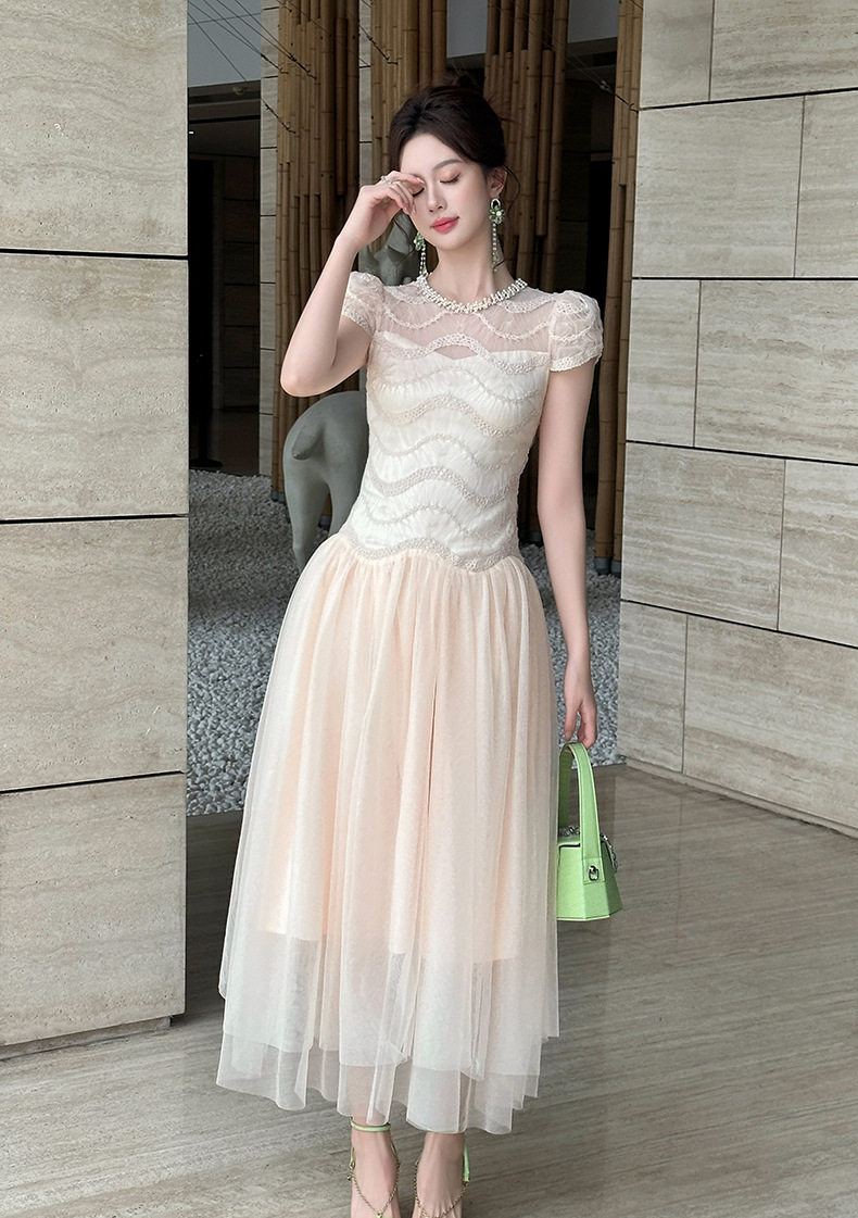 Đầm nữ ren lưới phối eo giả hai lớp xòe bồng tay ngắn — [Màu hồng đào] chi tiết 6