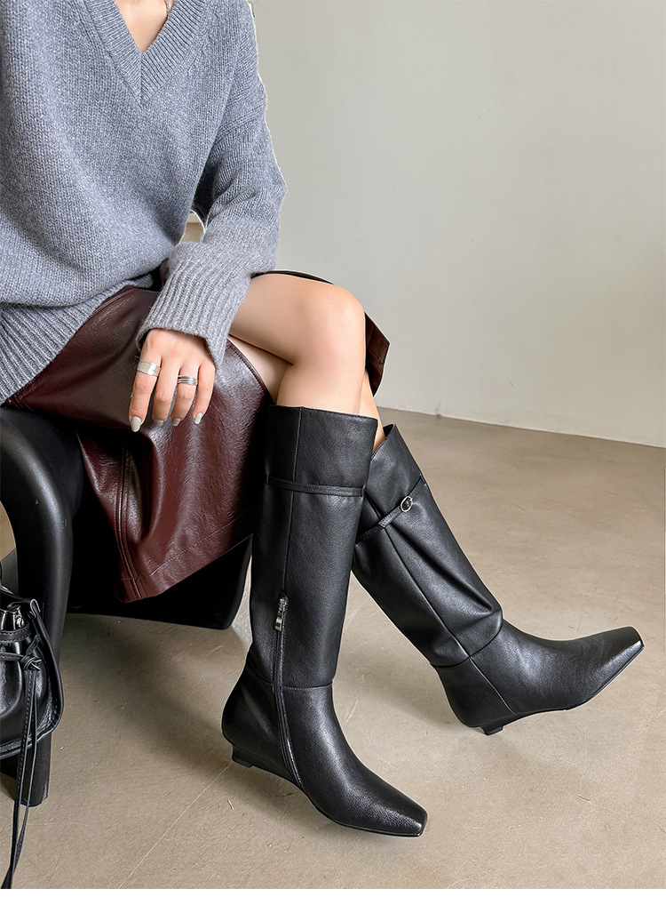 Boot nữ cổ cao mũi vuông gót xuồng da bò khóa kéo bên hông — Lớp lót đơn màu đen, Lớp lót đơn màu nâu, Lót nhung đen, cần đặt làm riêng., Lót nhung màu nâu, cần đặt làm riêng.