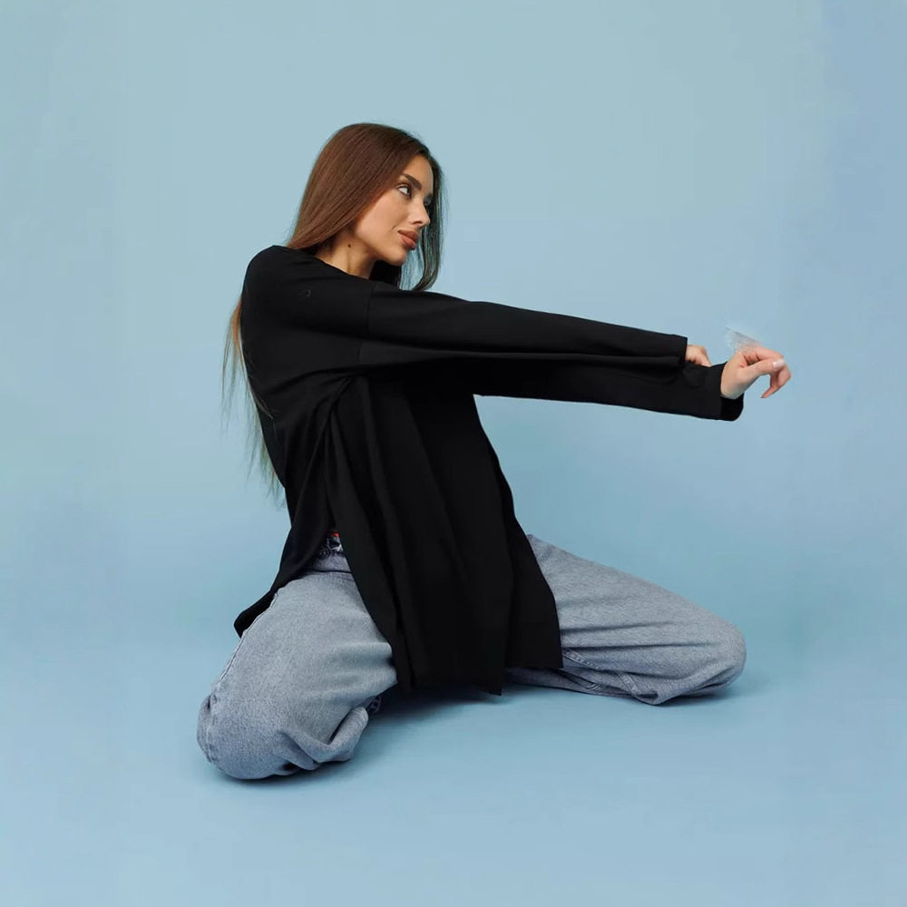 Womens Long Sleeve T Shirt Loose Fit Cotton Fabric Split Hem Casual Spring and Autumn Wear Wholesale Available
