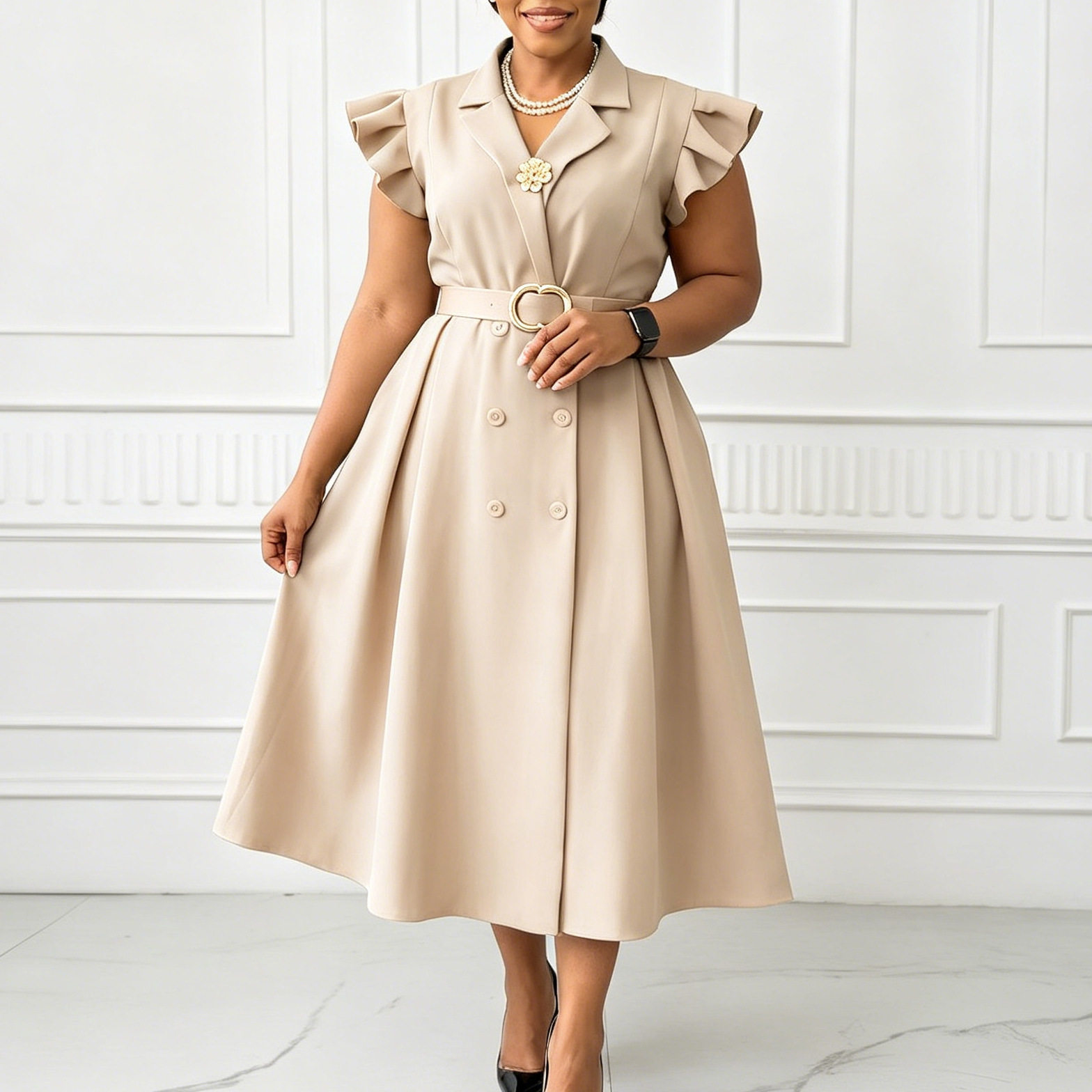 Elegant Double Breasted African Print Dress Mid Length Suit Collar Summer Style Wholesale Available