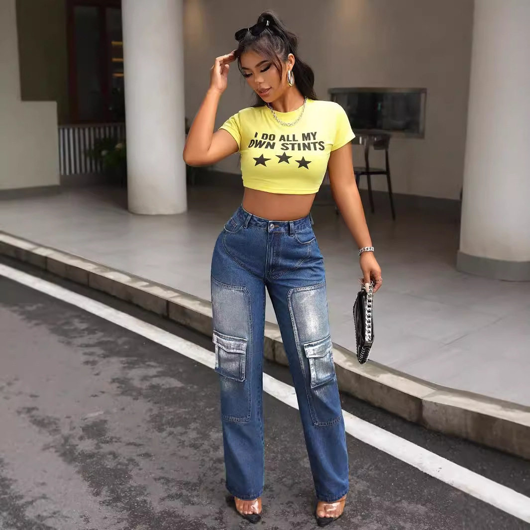 High Waisted Denim Cargo Pants Slim Fit Pocket Design Casual Style Perfect for Everyday Wear Wholesale Available