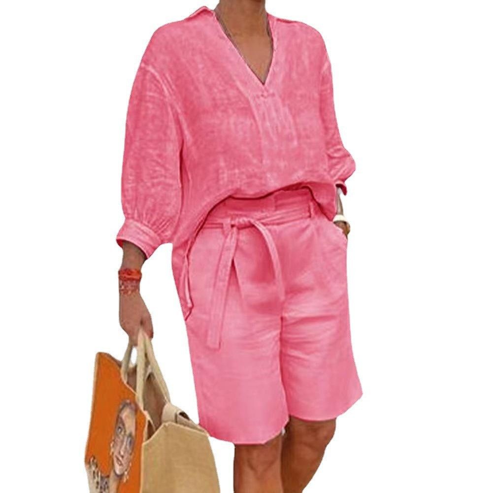 Independent Cross-Border 2026 Summer European and American New Cotton and Linen Women's Fashion Casual Suit, Loose Two-Piece Set for Women