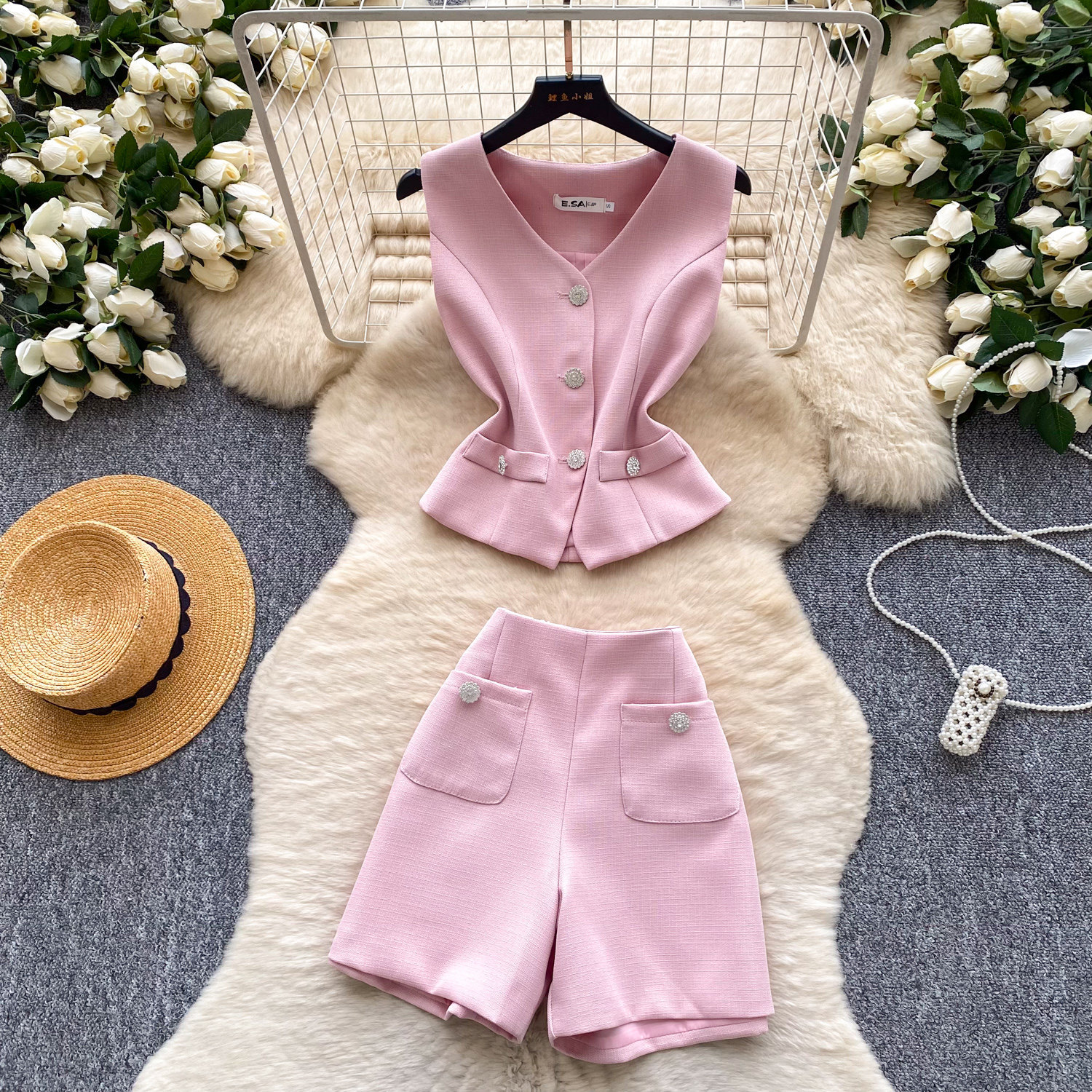 Pink Tweed Vest and High Waisted Shorts Set Rhinestone Embellished Elegant Style Summer Fashion for Women Wholesale