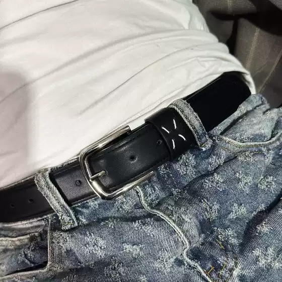 Trendy Brand Maji Stitch Belt Simple All-match Japanese and Korean Style Casual Black Belt Trendy Jeans Belt with Fine Decoration