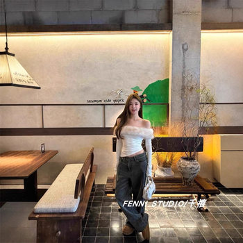 Fenni Studio Millennium Original Detachable Fur One-Shoulder Knitwear Women's Slim Long-Sleeved Knitted Top