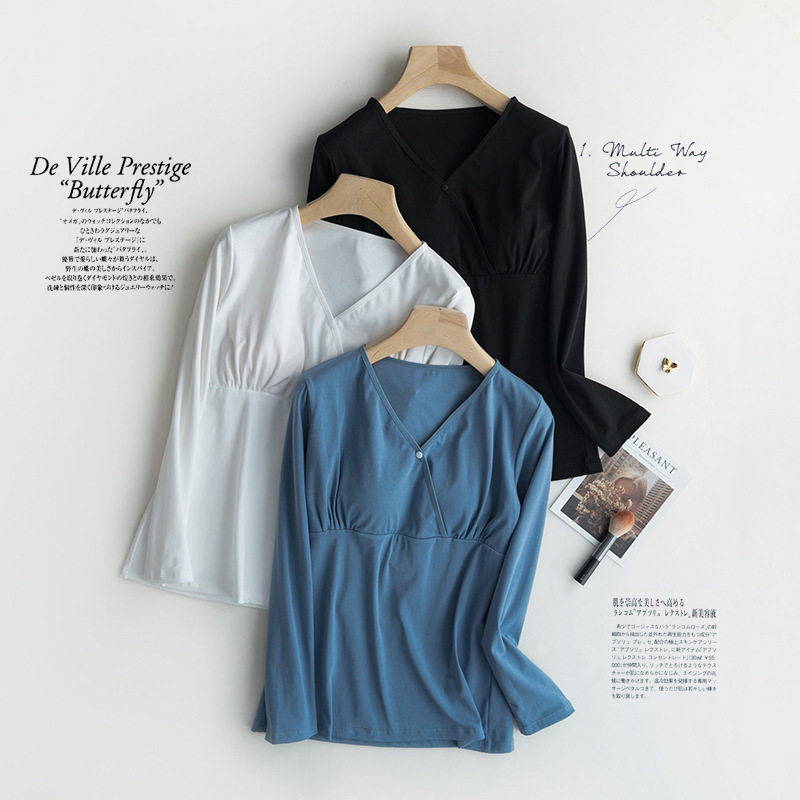 Pure Cotton Breastfeeding Clothes with Chest Pad Long-Sleeved Crossed Non-Wearing Underwear Monthly Clothes Pregnant Women's Postpartum Breastfeeding Clothes Base Clothes