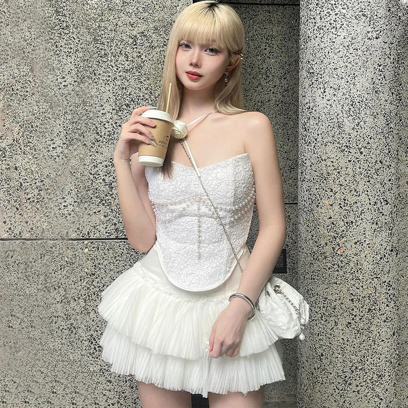 Summer Womens Pearl Chain Bustier Top and Fringe Mini Skirt Set European Style Chic Design Trendy Outfit Wholesale