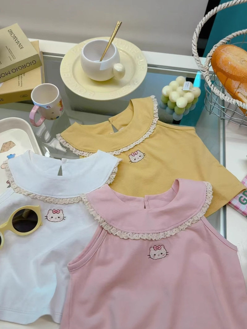 Atasan tanpa lengan super lucu viral serbaguna stylish manis anak perempuan musim panas, tank top bordir 100% katun