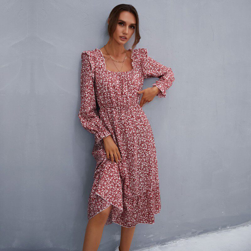 Floral Print Long Sleeve Dress Square Neck Spring Fashion Womens Apparel Wholesale Available