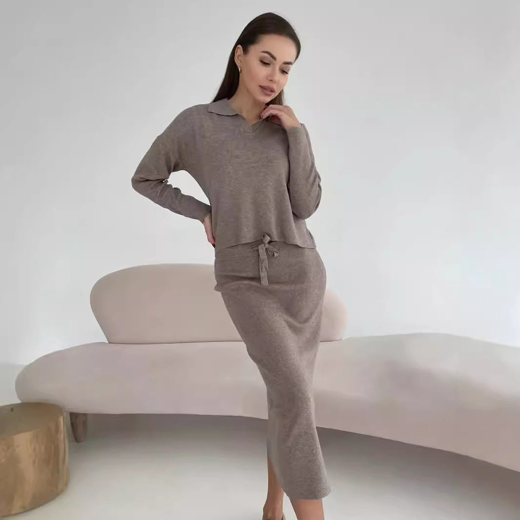 Knitted Two Piece Set Soft Chenille Yarn Split Sweater Tied Midi Skirt Autumn Winter Fashion Wholesale Available